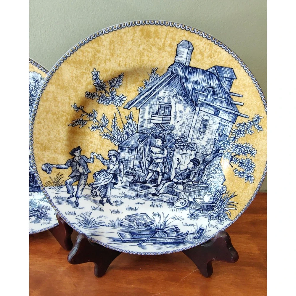 Set of 3 American Atelier Porcelain Salad Plates English Toile Blue Deco 5076